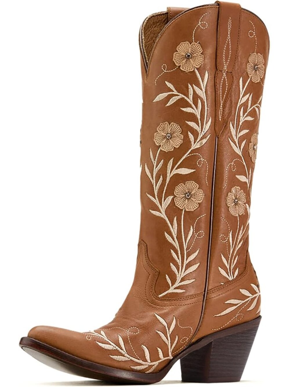 Women's Brown Wide Calf Chunky Block Heel Pointed Toe Flower Embroidered Boots